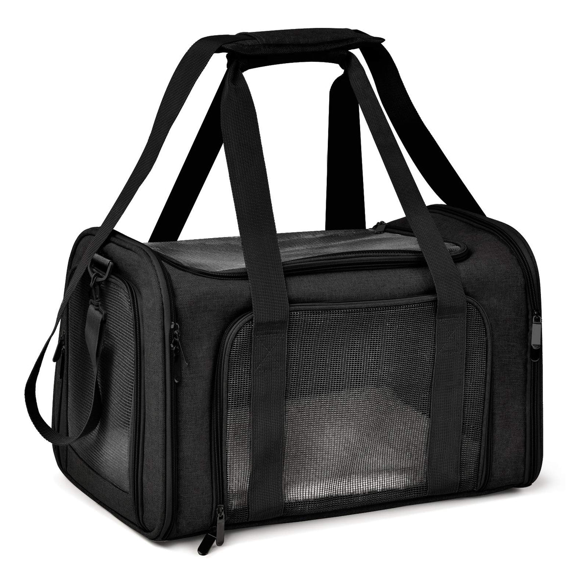 Sac de transport pour chien SAWAH en coloris noir avec panneaux en maille et bandoulière - vue 1