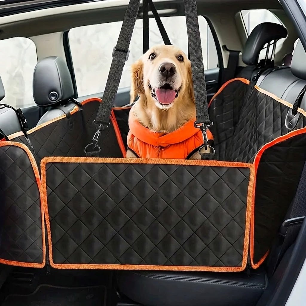 Housse hamac SAWAH installée en voiture avec un chien attaché aux sangles de sécurité